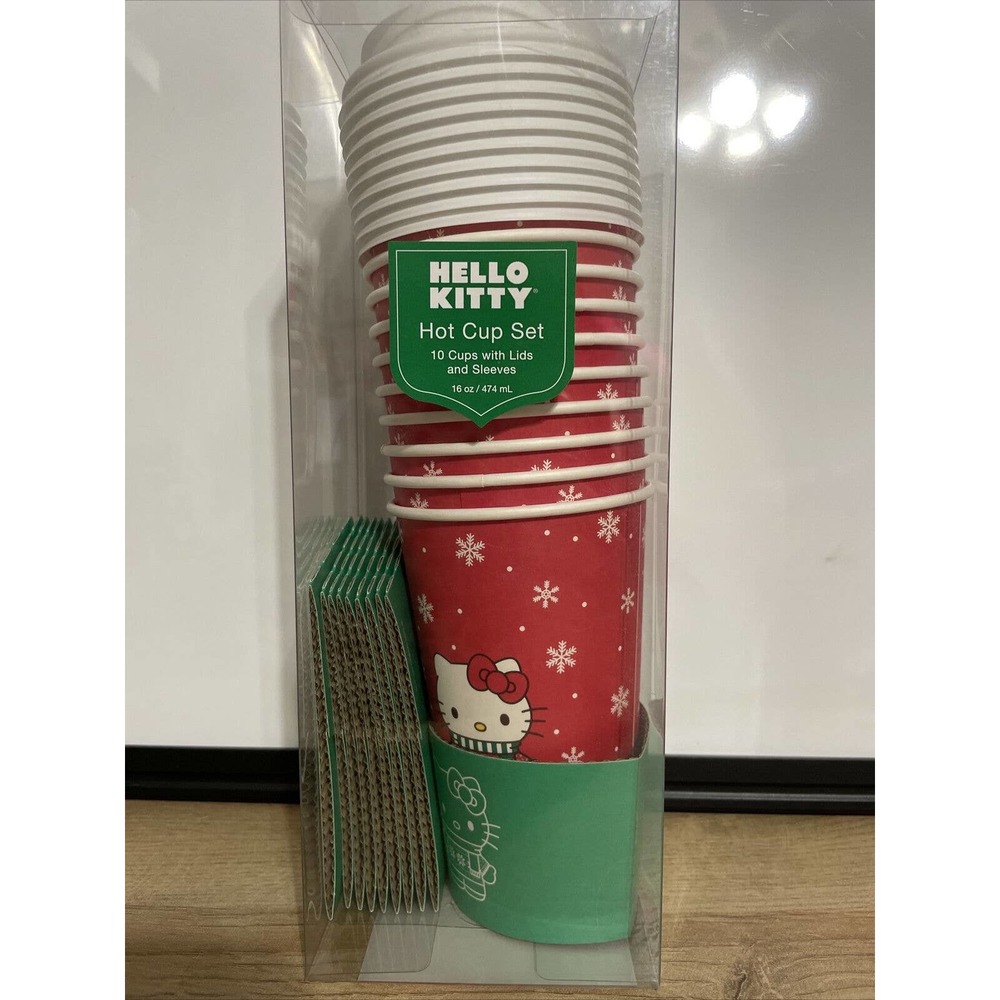 HELLO KITTY Set of 10 Travel 16oz Disposable Coffee Cups W/ Lids & Sleeves Party